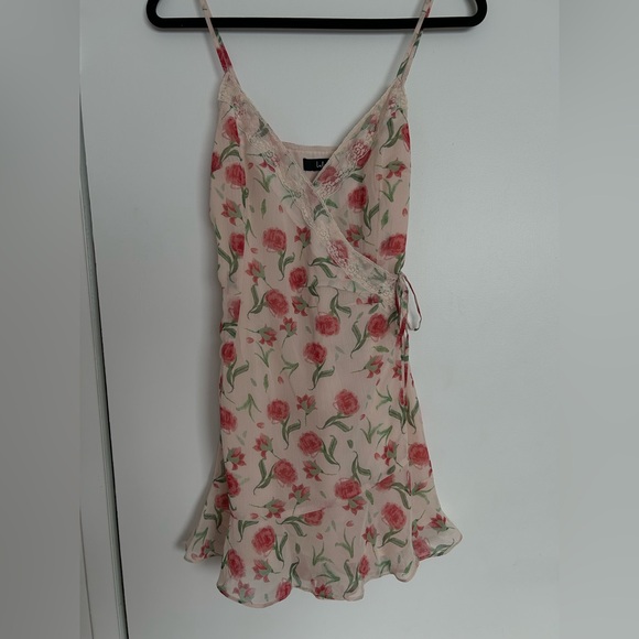 Lulu's Marli Beige Floral Lace Wrap Mini Dress - Picture 4 of 5